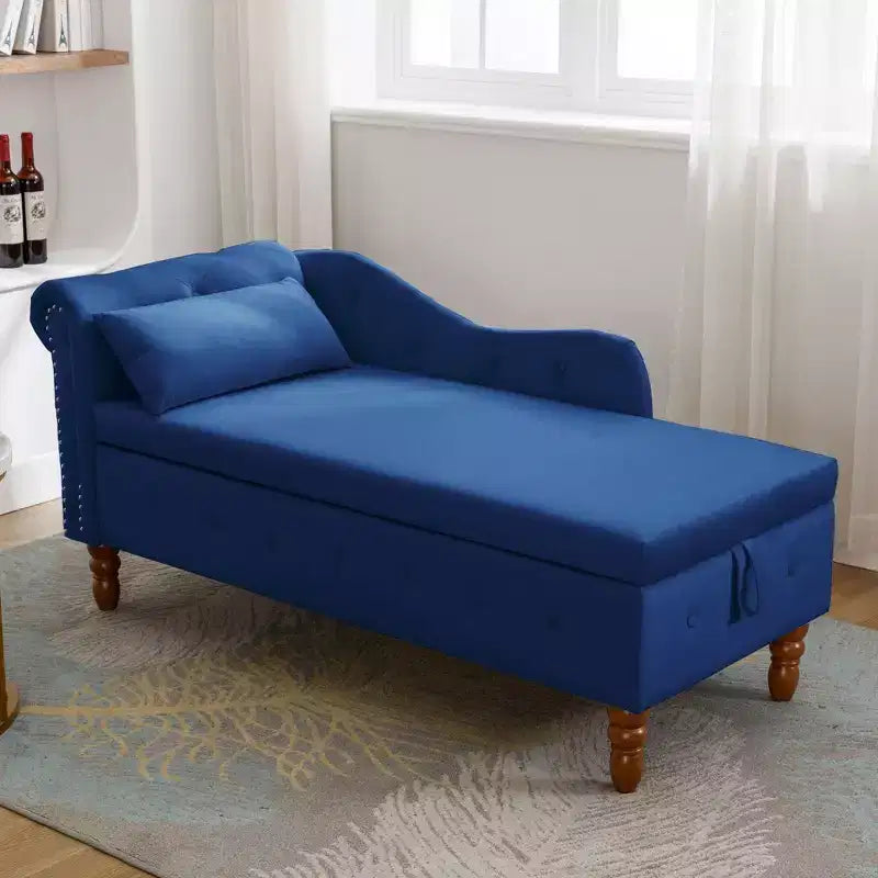 Chaise longue en velours avec rangement, oreiller et accents cloutés pour chambre - ModernLuxe