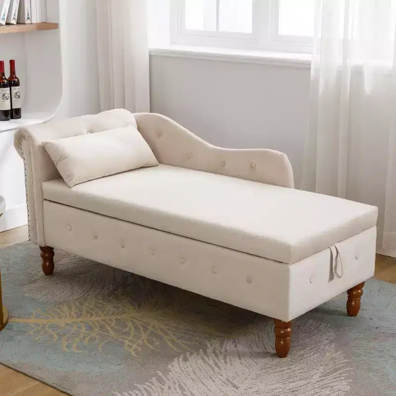 Chaise longue en velours avec rangement, oreiller et accents cloutés pour chambre - ModernLuxe