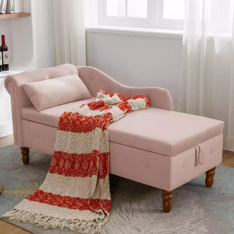 Chaise longue en velours avec rangement, oreiller et accents cloutés pour chambre - ModernLuxe