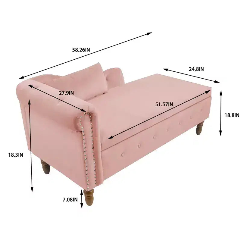 Chaise longue en velours avec rangement, oreiller et accents cloutés pour chambre - ModernLuxe