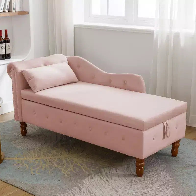 Chaise longue en velours avec rangement, oreiller et accents cloutés pour chambre - ModernLuxe
