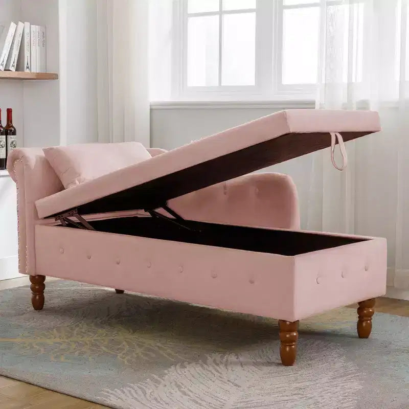 Chaise longue en velours avec rangement, oreiller et accents cloutés pour chambre - ModernLuxe
