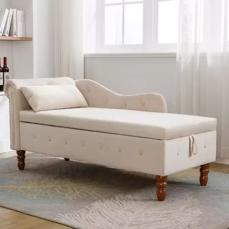 Chaise longue en velours avec rangement, oreiller et accents cloutés pour chambre - ModernLuxe