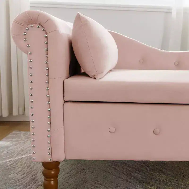 Chaise longue en velours avec rangement, oreiller et accents cloutés pour chambre - ModernLuxe
