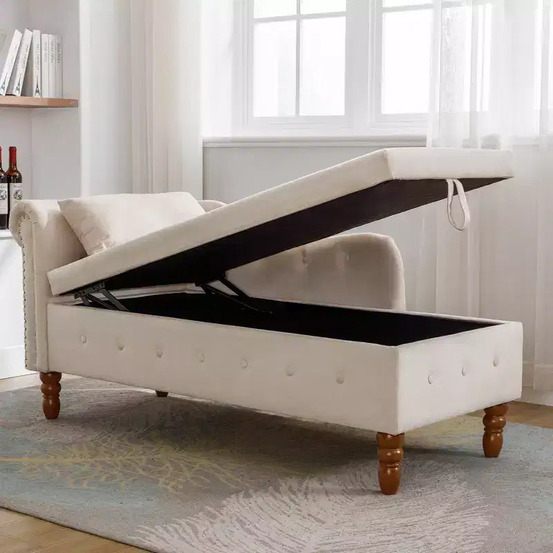 Chaise longue en velours avec rangement, oreiller et accents cloutés pour chambre - ModernLuxe