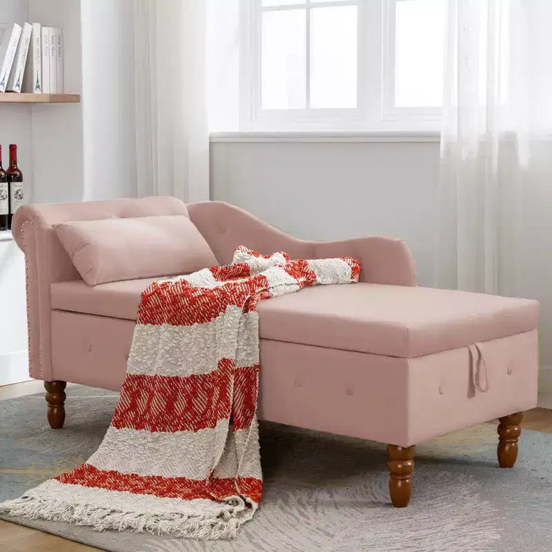 Chaise longue en velours avec rangement, oreiller et accents cloutés pour chambre - ModernLuxe