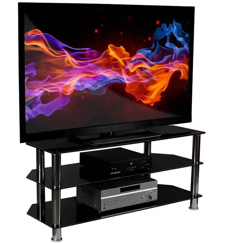 Mount-It! Meuble TV en verre pour téléviseurs à écran plat de 40 à 60 pouces LCD, LED, OLED, 4K | Trois étagères en verre trempé | Noir