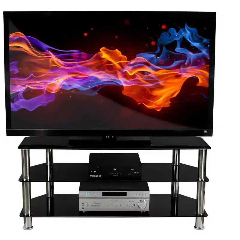 Mount-It! Meuble TV en verre pour téléviseurs à écran plat de 40 à 60 pouces LCD, LED, OLED, 4K | Trois étagères en verre trempé | Noir