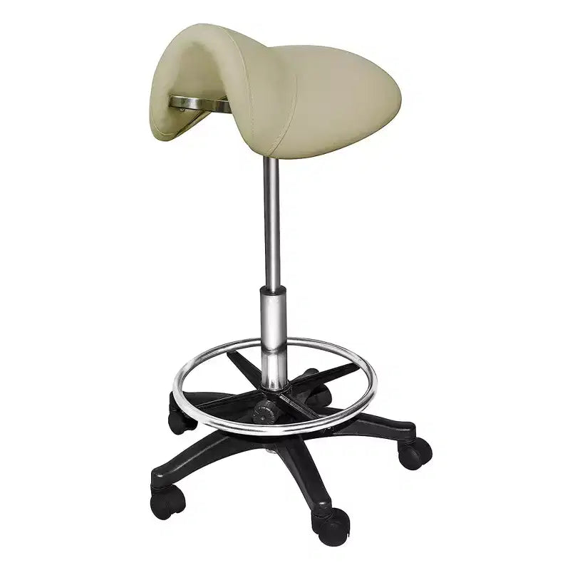 PureSana Chromium Professional James 360-Degree Full Rotational Saddle Cutting Stool with Adjustable Air Life Mechanism & Wheel Casters, Tan