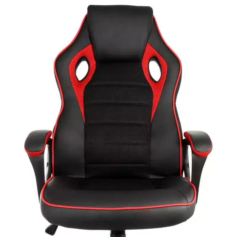 Chaise de bureau Elama dossier haut réglable en similicuir avec maille et tissu noir et garniture rouge