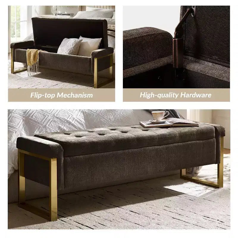 Banc de rangement Octavio 55.3 avec dessus à charnière rembourré moderne et pieds en métal|ART OF LIVING DESIGNS