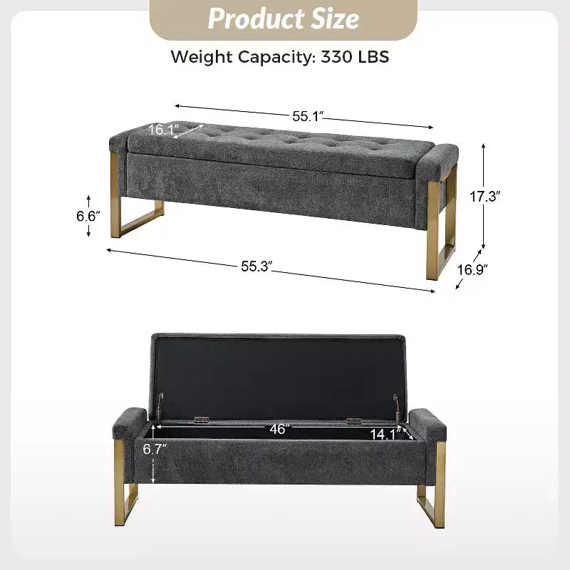 Banc de rangement Octavio 55.3 avec dessus à charnière rembourré moderne et pieds en métal|ART OF LIVING DESIGNS