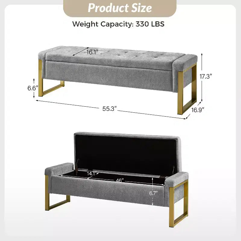 Banc de rangement Octavio 55.3 avec dessus à charnière rembourré moderne et pieds en métal|ART OF LIVING DESIGNS