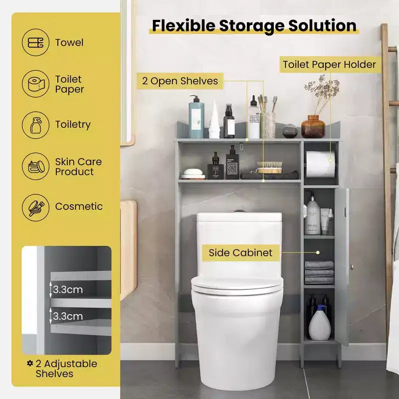 Meuble de rangement pour WC Costway avec porte-rouleau de papier toilette et étagères réglables Gris/Blanc