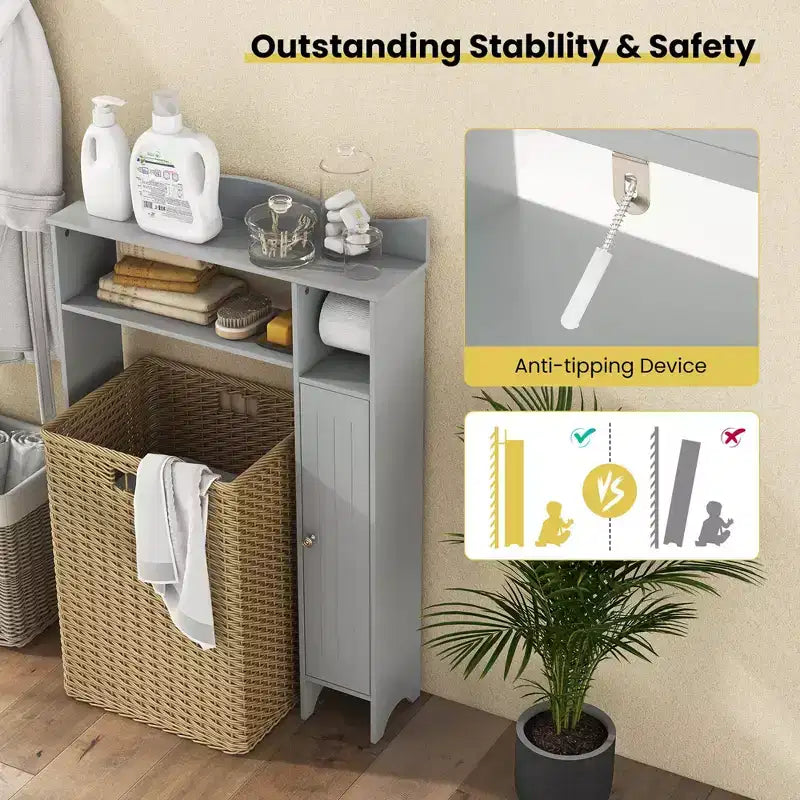 Meuble de rangement pour WC Costway avec porte-rouleau de papier toilette et étagères réglables Gris/Blanc