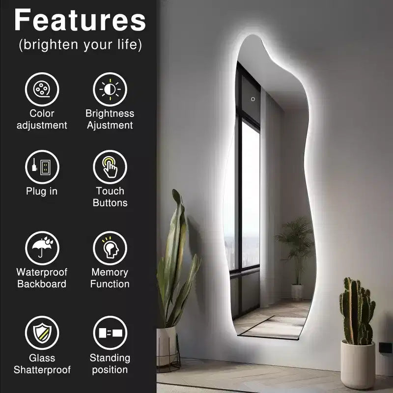 Miroir pleine longueur Dovelina LED Miroir rétroéclairé moderne sans cadre irrégulier grand miroir asymétrique - 24x63