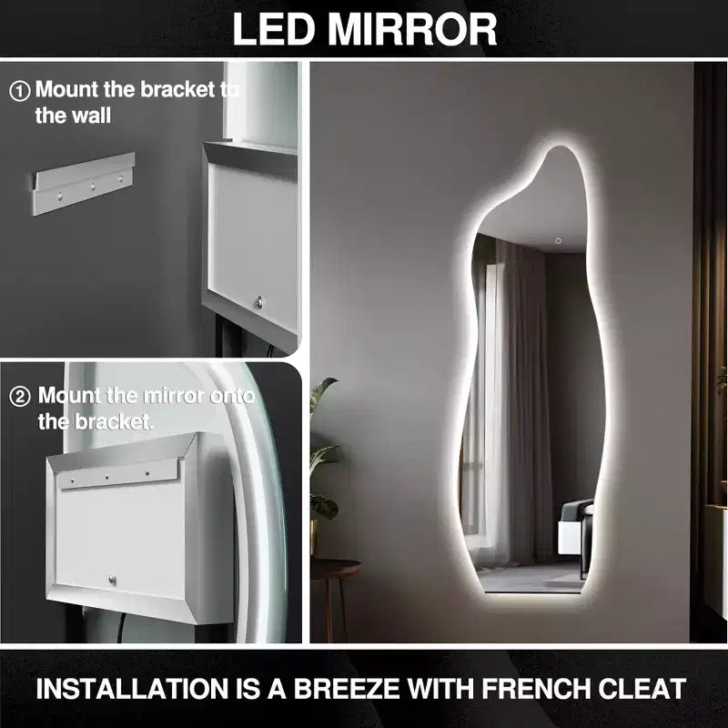 Miroir pleine longueur Dovelina LED Miroir rétroéclairé moderne sans cadre irrégulier grand miroir asymétrique - 24x63