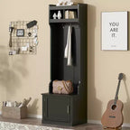 23.6''W Minimalist Slim Hall Tree with Bench, Multi-functional Coat Rack with 6 Hooks & Storage Cabinet 4M - ModernLuxe