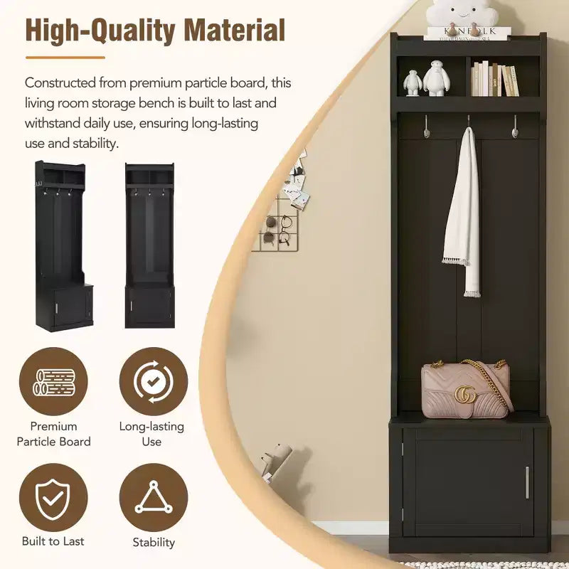 Arbre d'entrée minimaliste mince 23,6''W avec banc, porte-manteau multifonctionnel avec 6 crochets et armoire de rangement 4M - ModernLuxe