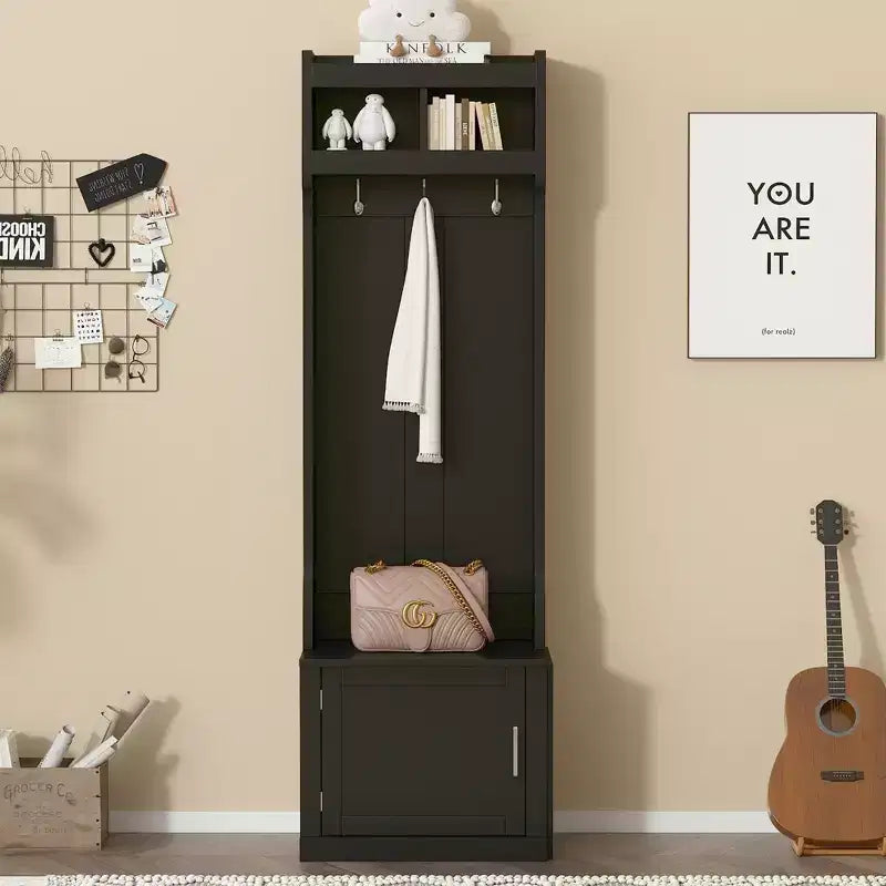 Arbre d'entrée minimaliste mince 23,6''W avec banc, porte-manteau multifonctionnel avec 6 crochets et armoire de rangement 4M - ModernLuxe