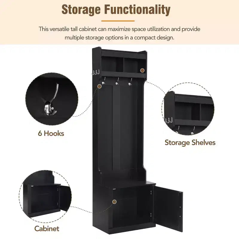 Arbre d'entrée minimaliste mince 23,6''W avec banc, porte-manteau multifonctionnel avec 6 crochets et armoire de rangement 4M - ModernLuxe