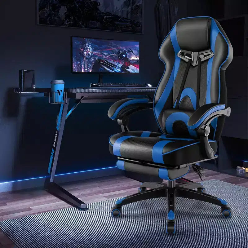 Chaise de jeu e-sport réglable Costway avec appuie-tête rembourré, support lombaire bleu/noir/gris/rouge