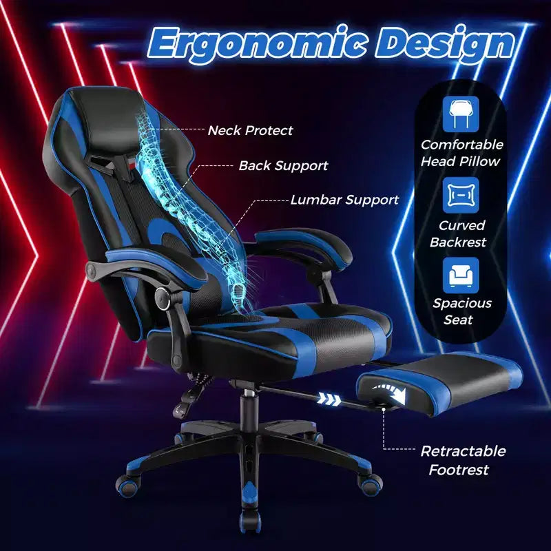 Chaise de jeu e-sport réglable Costway avec appuie-tête rembourré, support lombaire bleu/noir/gris/rouge