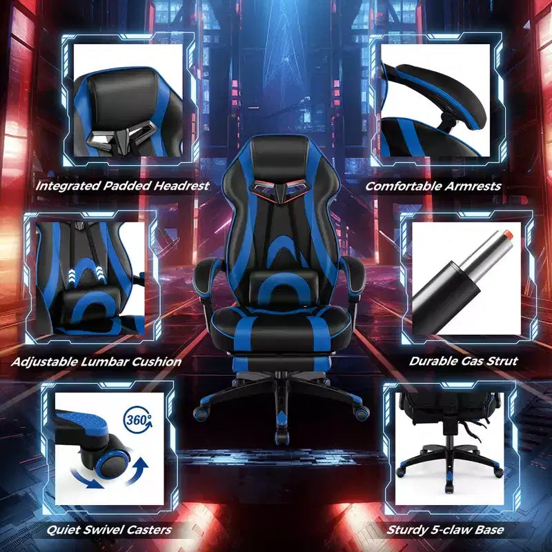 Chaise de jeu e-sport réglable Costway avec appuie-tête rembourré, support lombaire bleu/noir/gris/rouge