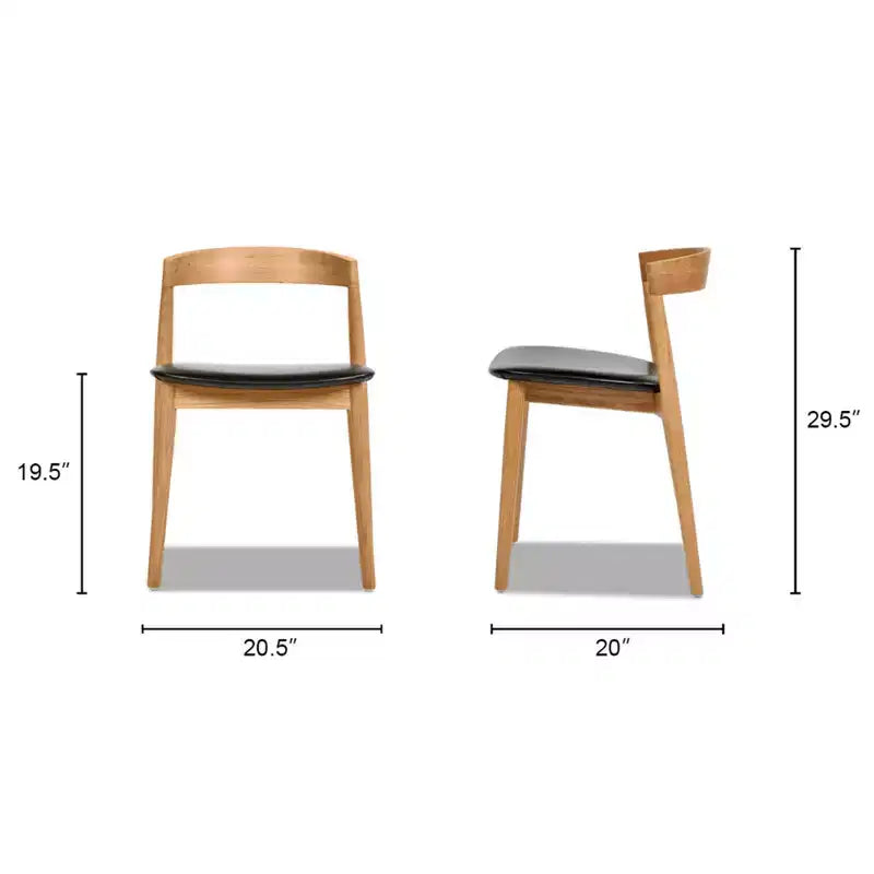 Chaise de salle à manger empilable Raven 20.5 en bois de chêne sculpté, brun naturel chaud et revêtement en similicuir noir