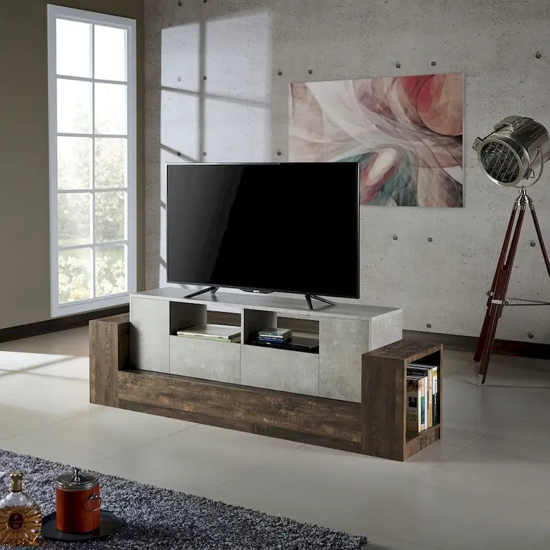 Meuble TV Geso industriel chêne et gris clair 4 étagères 180 cm