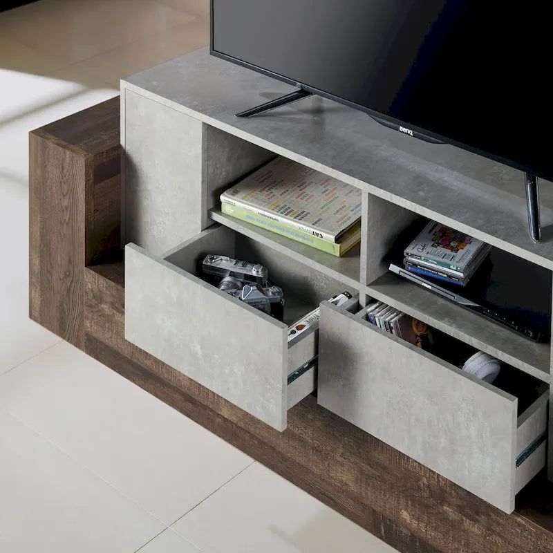 Meuble TV Geso industriel chêne et gris clair 4 étagères 180 cm