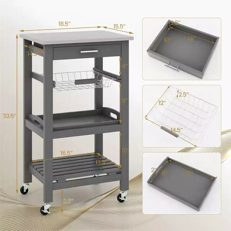 Costway Desserte de cuisine compacte à roulettes avec plateau en acier inoxydable, panier, Noir/Gris/Blanc