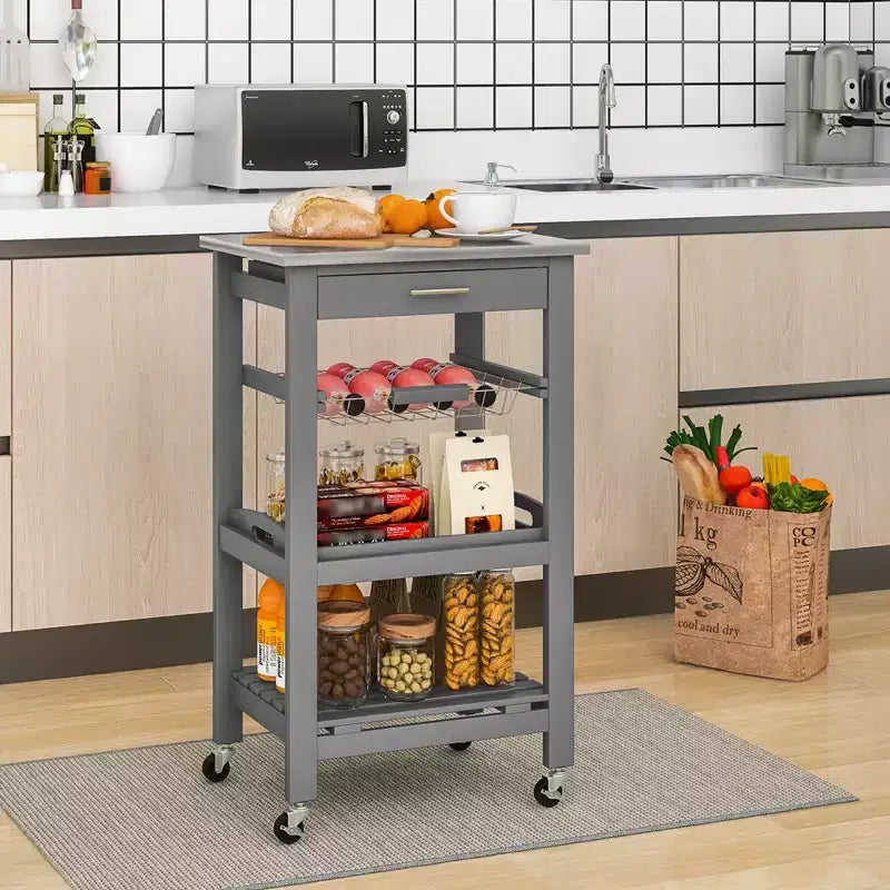 Costway Desserte de cuisine compacte à roulettes avec plateau en acier inoxydable, panier, Noir/Gris/Blanc