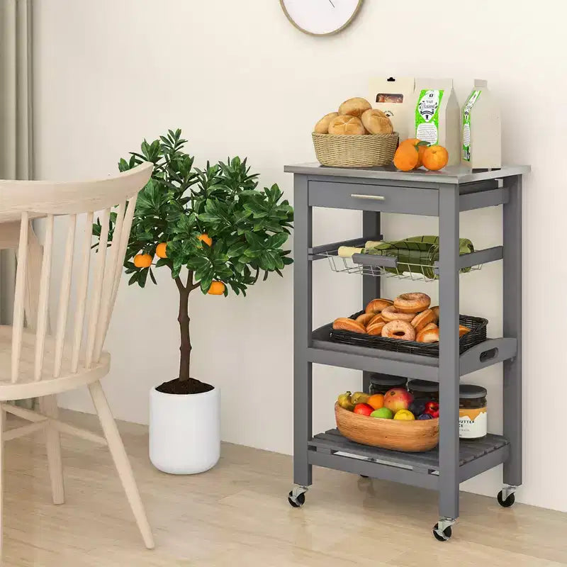 Costway Desserte de cuisine compacte à roulettes avec plateau en acier inoxydable, panier, Noir/Gris/Blanc