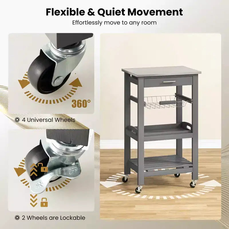Costway Desserte de cuisine compacte à roulettes avec plateau en acier inoxydable, panier, Noir/Gris/Blanc
