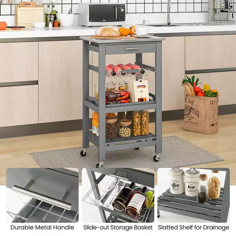 Costway Desserte de cuisine compacte à roulettes avec plateau en acier inoxydable, panier, Noir/Gris/Blanc