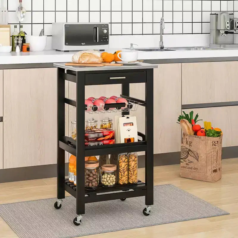 Costway Desserte de cuisine compacte à roulettes avec plateau en acier inoxydable, panier, Noir/Gris/Blanc