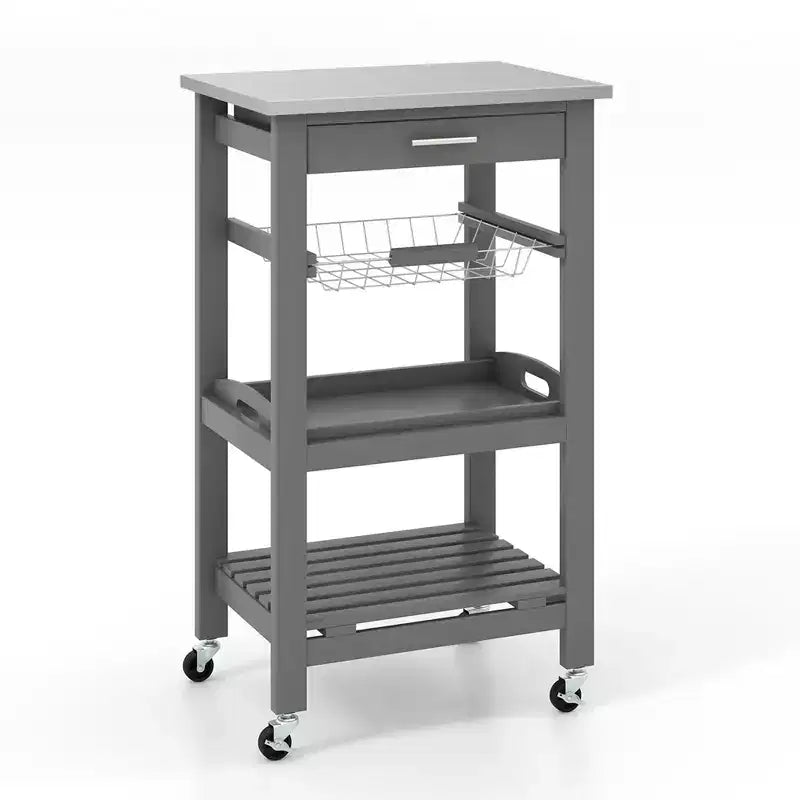 Costway Desserte de cuisine compacte à roulettes avec plateau en acier inoxydable, panier, Noir/Gris/Blanc