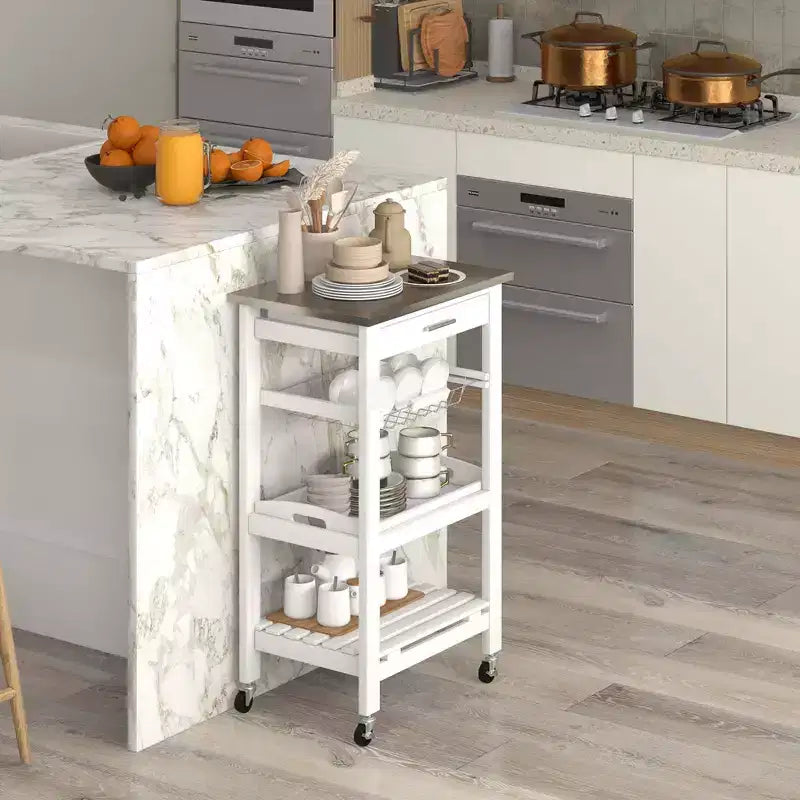 Costway Desserte de cuisine compacte à roulettes avec plateau en acier inoxydable, panier, Noir/Gris/Blanc