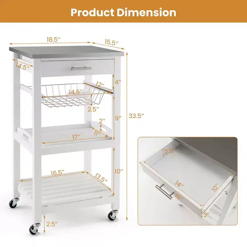 Costway Desserte de cuisine compacte à roulettes avec plateau en acier inoxydable, panier, Noir/Gris/Blanc