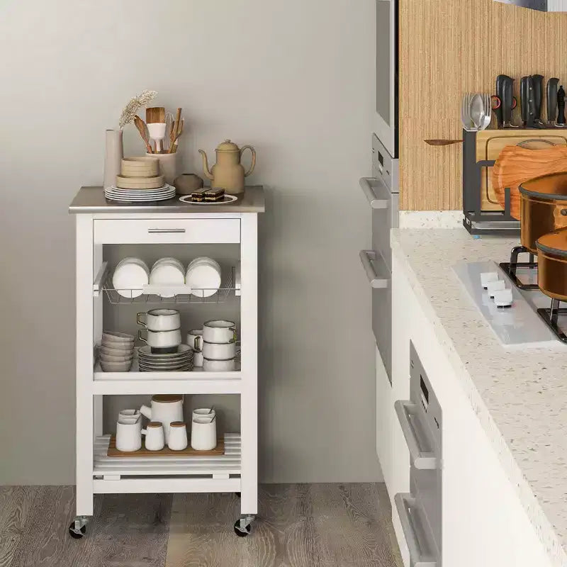 Costway Desserte de cuisine compacte à roulettes avec plateau en acier inoxydable, panier, Noir/Gris/Blanc