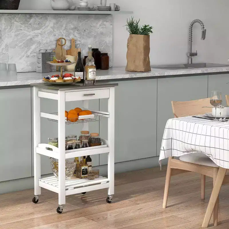 Costway Desserte de cuisine compacte à roulettes avec plateau en acier inoxydable, panier, Noir/Gris/Blanc
