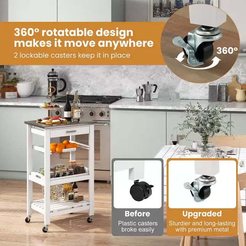 Costway Desserte de cuisine compacte à roulettes avec plateau en acier inoxydable, panier, Noir/Gris/Blanc