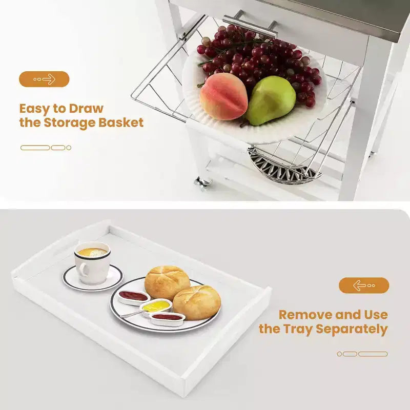 Costway Desserte de cuisine compacte à roulettes avec plateau en acier inoxydable, panier, Noir/Gris/Blanc