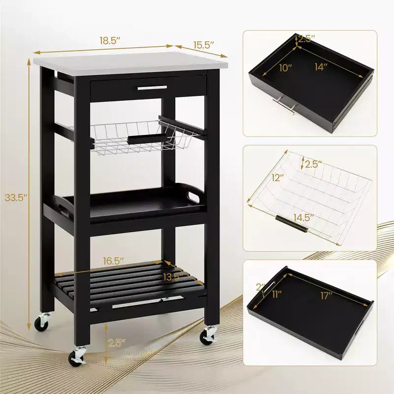Costway Desserte de cuisine compacte à roulettes avec plateau en acier inoxydable, panier, Noir/Gris/Blanc