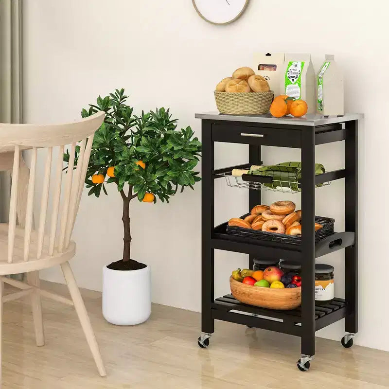 Costway Desserte de cuisine compacte à roulettes avec plateau en acier inoxydable, panier, Noir/Gris/Blanc