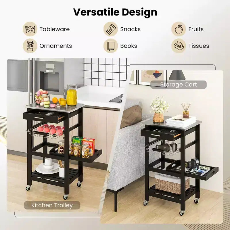 Costway Desserte de cuisine compacte à roulettes avec plateau en acier inoxydable, panier, Noir/Gris/Blanc