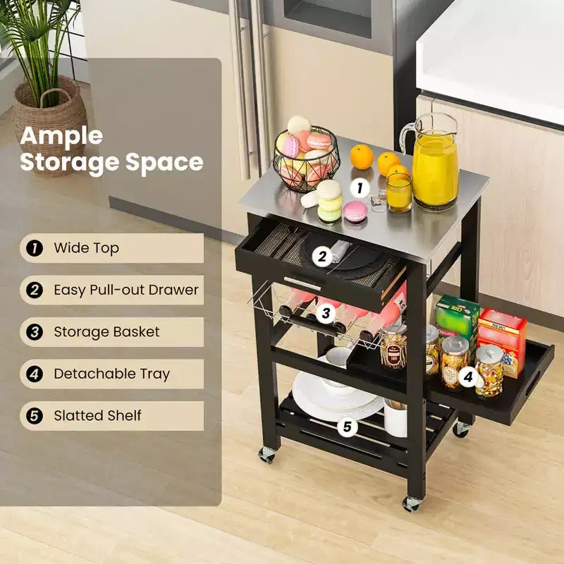 Costway Desserte de cuisine compacte à roulettes avec plateau en acier inoxydable, panier, Noir/Gris/Blanc