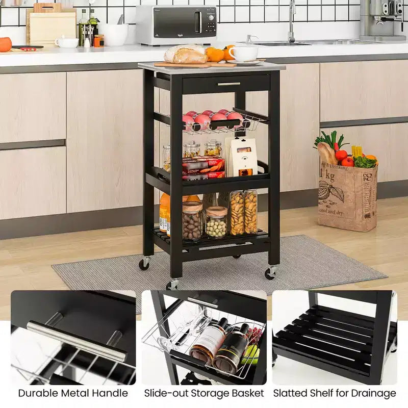 Costway Desserte de cuisine compacte à roulettes avec plateau en acier inoxydable, panier, Noir/Gris/Blanc