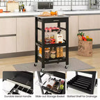 Costway Desserte de cuisine compacte à roulettes avec plateau en acier inoxydable, panier, Noir/Gris/Blanc